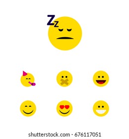 Flat Icon Gesture Set Of Asleep, Smile, Laugh And Other Vector Objects. Also Includes Hush, Joy, Face Elements.