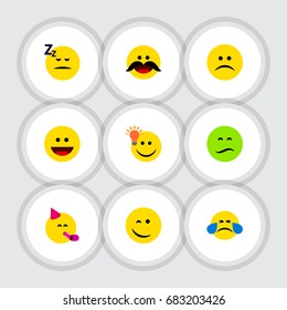 Flat Icon Gesture Set Of Asleep, Frown, Sad And Other Vector Objects. Also Includes Face, Emoji, Grin Elements.