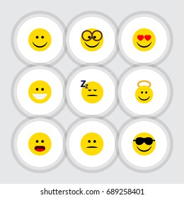 Flat Icon Gesture Set Of Asleep, Pleasant, Displeased And Other Vector Objects. Also Includes Eyeglasses, Heart, Grin Elements.