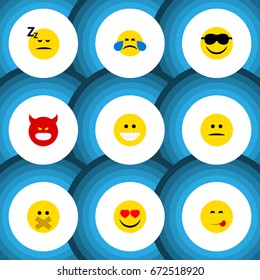 Flat Icon Gesture Set Of Cold Sweat, Love, Displeased And Other Vector Objects. Also Includes Angry, Grin, Asleep Elements.