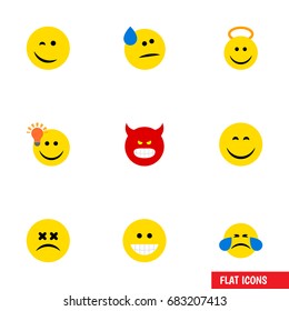 Flat Icon Gesture Set Of Cold Sweat, Grin, Cross-Eyed Face And Other Vector Objects. Also Includes Angry, Emoticon, Grin Elements.