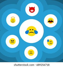 Flat Icon Gesture Set Of Cold Sweat, Cheerful, Angel And Other Vector Objects. Also Includes Pouting, Sad, Face Elements.