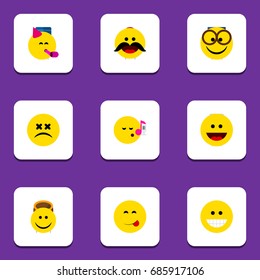 Flat Icon Gesture Set Of Cross-Eyed Face, Cheerful, Grin And Other Vector Objects. Also Includes Song, Sing, Cheerful Elements.