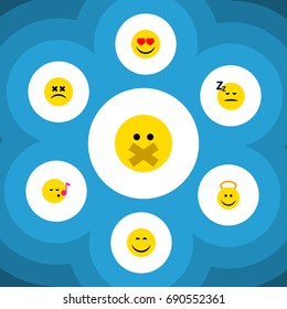 Flat Icon Gesture Set Of Cross-Eyed Face, Descant, Hush And Other Vector Objects. Also Includes Smile, Song, Emoticon Elements.