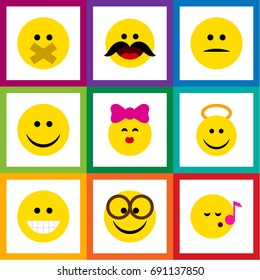Flat Icon Gesture Set Of Hush, Caress, Displeased And Other Vector Objects. Also Includes Smile, Kiss, Silent Elements.