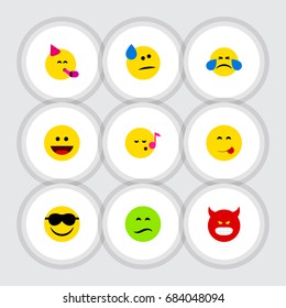 Flat Icon Gesture Set Of Laugh, Party Time Emoticon, Tears And Other Vector Objects. Also Includes Happy, Sing, Sunglasses Elements.