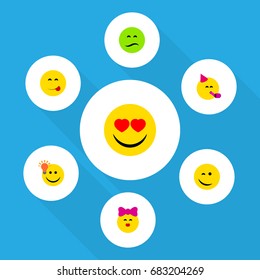 Flat Icon Gesture Set Of Love, Frown, Party Time Emoticon And Other Vector Objects. Also Includes Idea, Kiss, Eyes Elements.