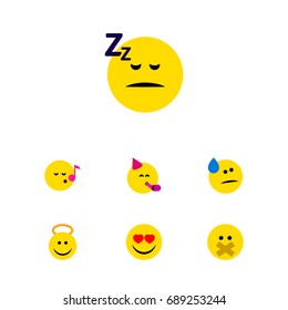 Flat Icon Gesture Set Of Love, Hush, Party Time Emoticon And Other Vector Objects. Also Includes Hush, Sleeping, Cheerful Elements.