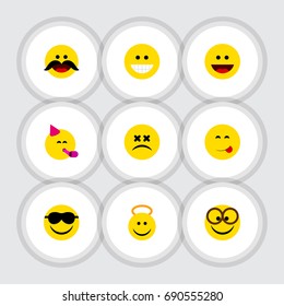 Flat Icon Gesture Set Of Party Time Emoticon, Laugh, Happy And Other Vector Objects. Also Includes Emoji, Whiskers, Pleasant Elements.