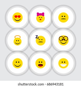 Flat Icon Gesture Set Of Pleasant, Love, Grin And Other Vector Objects. Also Includes Laugh, Kiss, Eyeglasses Elements.