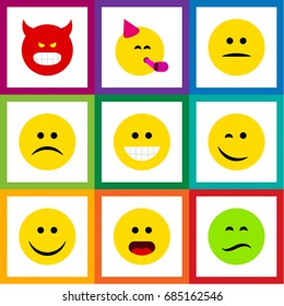 Flat Icon Gesture Set Of Pouting, Party Time Emoticon, Sad And Other Vector Objects. Also Includes Pouting, Wonder, Emoji Elements.