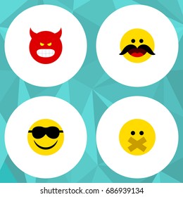 Flat Icon Gesture Set Of Pouting, Hush, Cheerful And Other Vector Objects. Also Includes Sunglasses, Hush, Angry Elements.