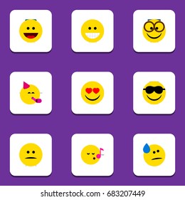 Flat Icon Gesture Set Of Tears, Grin, Displeased And Other Vector Objects. Also Includes Eyeglasses, Sad, Eyes Elements.