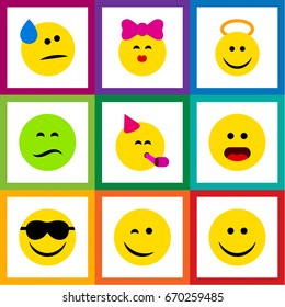 Flat Icon Gesture Set Of Winking, Frown, Party Time Emoticon And Other Vector Objects. Also Includes Party, Angel, Tears Elements.