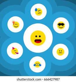 Flat Icon Gesture Set Of Wonder, Tears, Party Time Emoticon And Other Vector Objects. Also Includes Confused, Wonder, Face Elements.