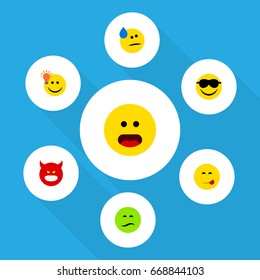 Flat Icon Gesture Set Of Wonder, Pouting, Frown And Other Vector Objects. Also Includes Light, Food, Tears Elements.