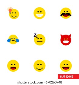 Flat Icon Gesture Set Of Wonder, Grin, Cold Sweat And Other Vector Objects. Also Includes Joy, Emoji, Idea Elements.