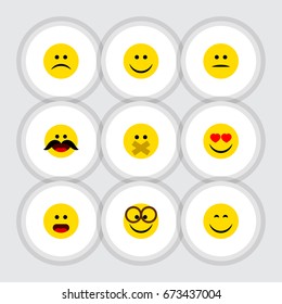 Flat Icon Gesture Set Of Wonder, Hush, Smile And Other Vector Objects. Also Includes Displeased, Silent, Hush Elements.