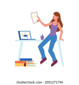 Flat Icon With Girl Getting Degree After Completing Online Courses University Education Vector Illustration