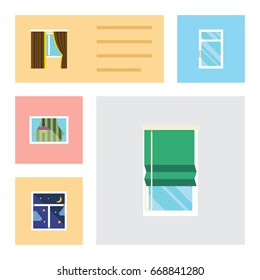 Flat Icon Glass Set Of Balcony, Frame, Curtain And Other Vector Objects. Also Includes Window, Curtain, Clean Elements.