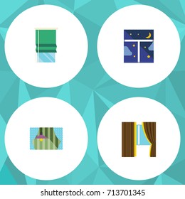 Flat Icon Glass Set Of Balcony, Curtain, Frame And Other Vector Objects. Also Includes Night, Curtain, Window Elements.