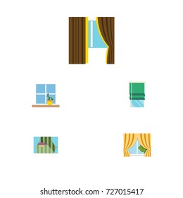 Flat Icon Glass Set Of Glass, Balcony, Curtain And Other Vector Objects. Also Includes Balcony, Pot, Frame Elements.