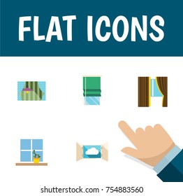 Flat Icon Glass Set Of Balcony, Curtain, Cloud And Other Vector Objects. Also Includes Curtain, Balcony, Glass Elements.