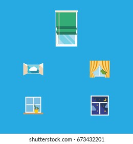 Flat Icon Glass Set Of Flowerpot, Glass Frame, Frame And Other Vector Objects. Also Includes Curtain, Flower, Frame Elements.