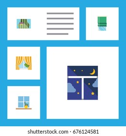 Flat Icon Glass Set Of Flowerpot, Curtain, Glass Frame And Other Vector Objects. Also Includes Pot, Glass, Night Elements.