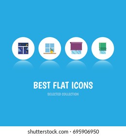 Flat Icon Glass Set Of Frame, Glazing, Balcony And Other Vector Objects. Also Includes Curtain, Pot, Night Elements.