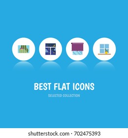 Flat Icon Glass Set Of Glazing, Flowerpot, Curtain And Other Vector Objects. Also Includes Night, Balcony, Frame Elements.