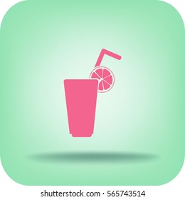 Flat icon. A glass with a straw. Citrus juice.