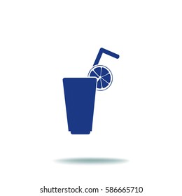 Flat icon. A glass with a straw. Citrus juice.