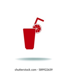 Flat icon. A glass with a straw. Citrus juice.