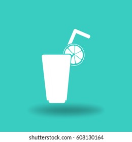 Flat icon. A glass with a straw. Citrus juice.