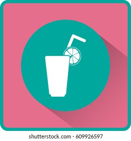 Flat icon. A glass with a straw. Citrus juice.