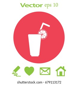 Flat icon. A glass with a straw. Citrus juice.