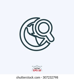 flat icon of globe with search sign.