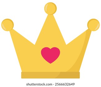 Flat icon of gold crown with red hart isolated on white background.