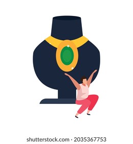 Flat icon with gold necklace on black jewelry bust and happy character vector illustration