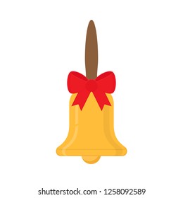 Flat icon golden bell with a handle and red bow isolated on white background. Vector illustration.