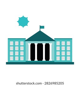 A flat icon of a government building featuring classic architecture with columns and a flag. Ideal for public sector, legal, education, or municipal service designs.