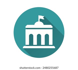 Icono plano de un edificio del gobierno con una bandera en la cúpula. Ilustración simple con sombra larga.