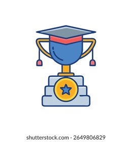 Un icono plano de un trofeo de graduación simboliza el éxito académico. Representa un estilo de dibujos animados y Ilustración vectorial.