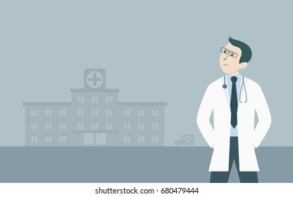 flat icon graphic design of White coat doctor and hospital in grey color background