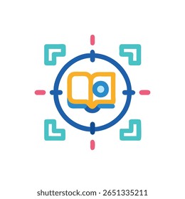 Flat icon graphic shows an open book inside data network symbols over black, minimalist style.