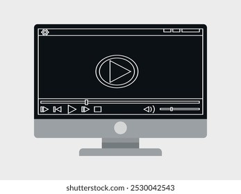 Flat icon of gray monitor with outline template of video player on the screen. Vector on a gray backgroundator Artwork