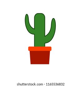 Flat icon green cactus in brown pot on white background. Vector illustration.