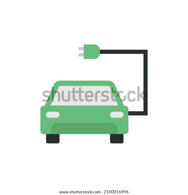 Flat icon green electric car isolated on\
white background. Vector\
illustration.