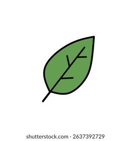 Flat icon of a green leaf with a simple vein pattern, representing nature, growth, and ecology. Perfect for environmental and botanical design themes